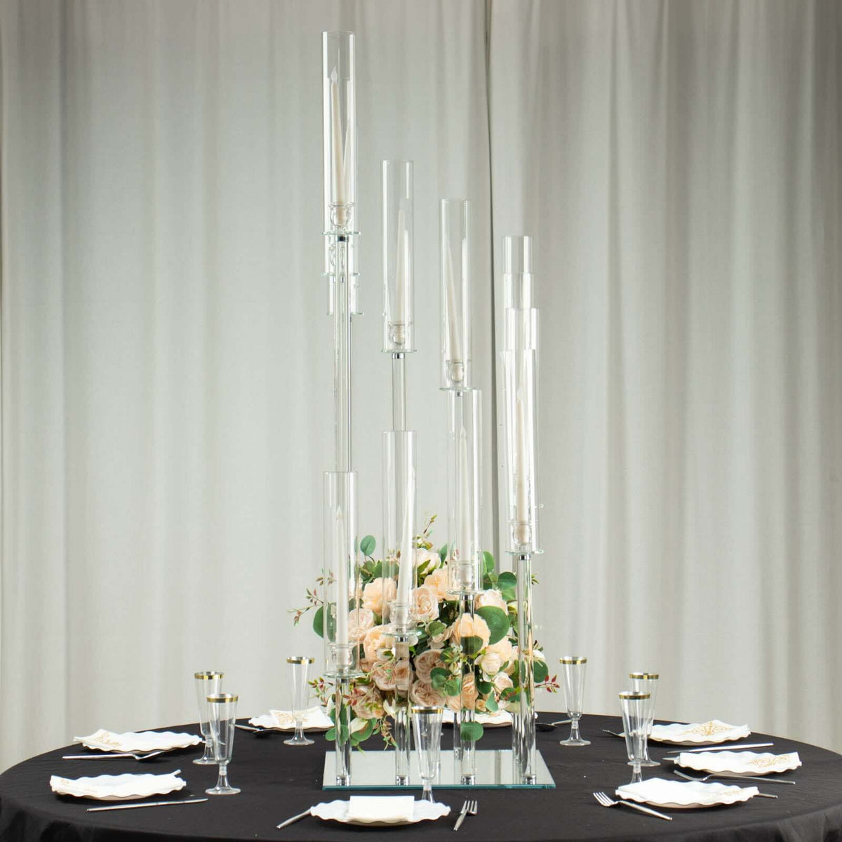 12-Arm Crystal Glass Cluster Candelabra Pedestal Stand 4.5ft - Square Hurricane Taper Candle Holder Table Centerpiece