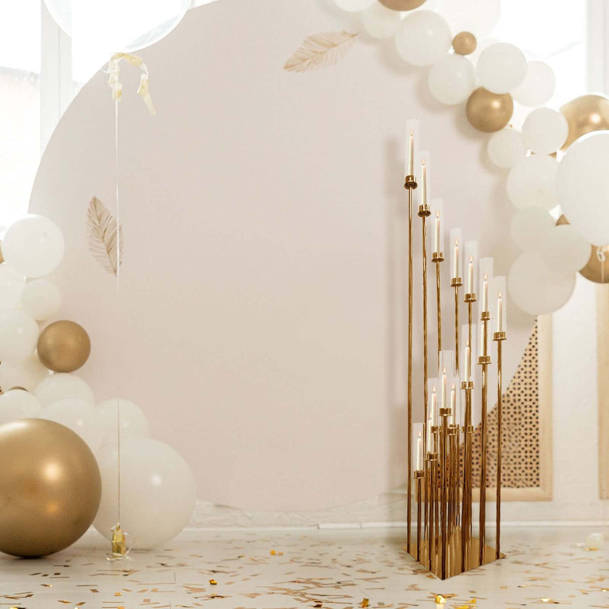 16-Arm Gold Cluster Taper Candle Holder with Clear Glass Shades 78" - Majestic Large Candle Arrangement for Ceremonies